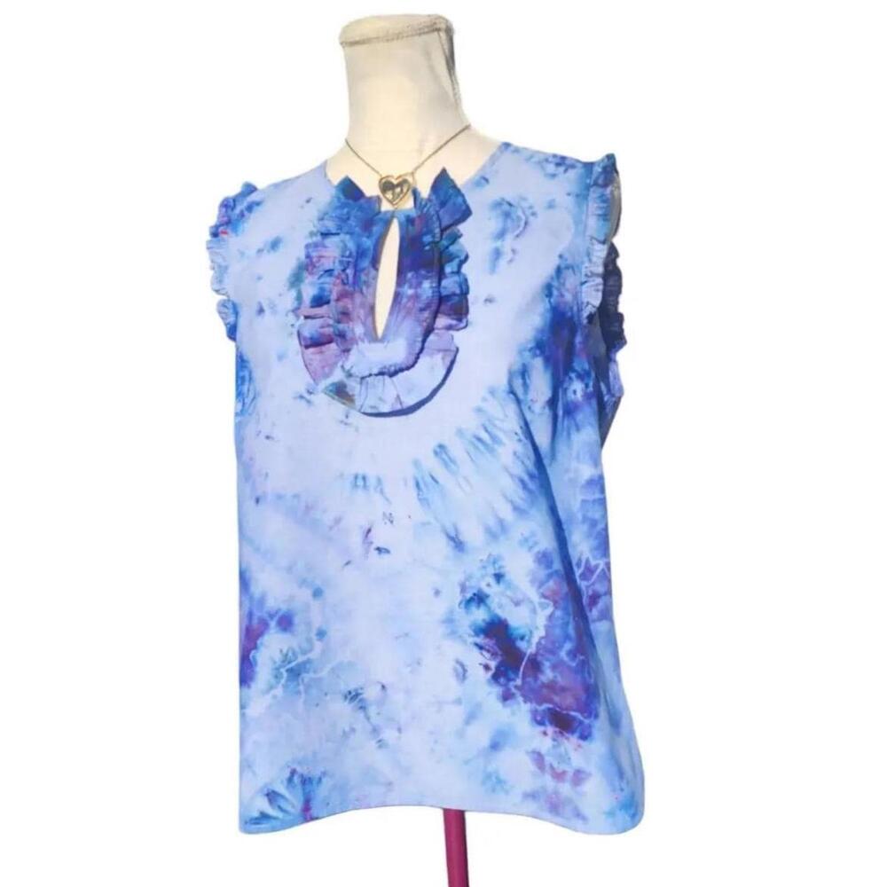 J.Crew Handmade, Reworked, Multi-Color Tie-Dyed Sleeveless Top with Ruffles. 14